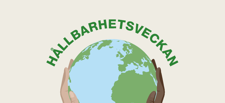 Illustrerad bild på två händer som håller i vår planet, jorden med texten "Hållbarhetsveckan"
